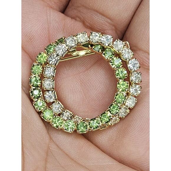 Vintage Unsigned Gold Tone - Rhinestone - Uranium Glass Double Halo Brooch - Picture 4 of 8